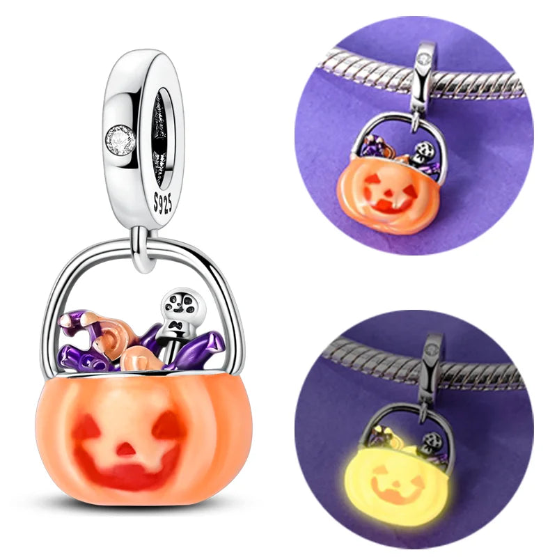 Halloween 925 Sterling Silver Charms | Pumpkin Skeleton Witch Bat Beads for Bracelet DIY Jewelry