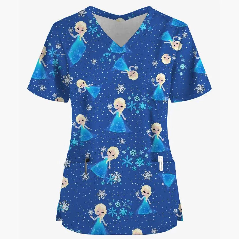 Disney Princess Ariel & Elsa Print Scrub Tops – Women’s Nurse & Dentist Work Uniform 👩‍⚕️✨