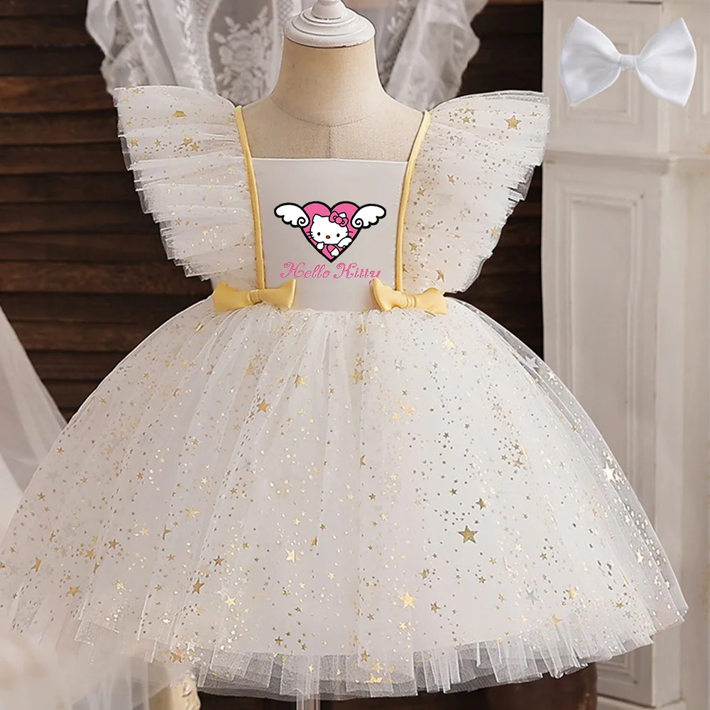 ✨ Hello Kitty Princess Dress for Girls 👑 Sequined Star Tutu Gown 🎀 Ruffle Bow Kids Party & Prom Dress