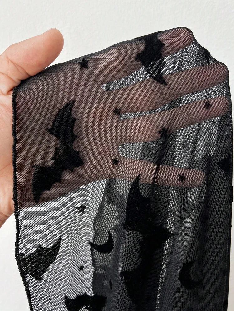 Plus Size Dark Bat Flocking Flower Stretch Knit Top – Semi Sheer Round Neck Long Sleeve 🦇🌸