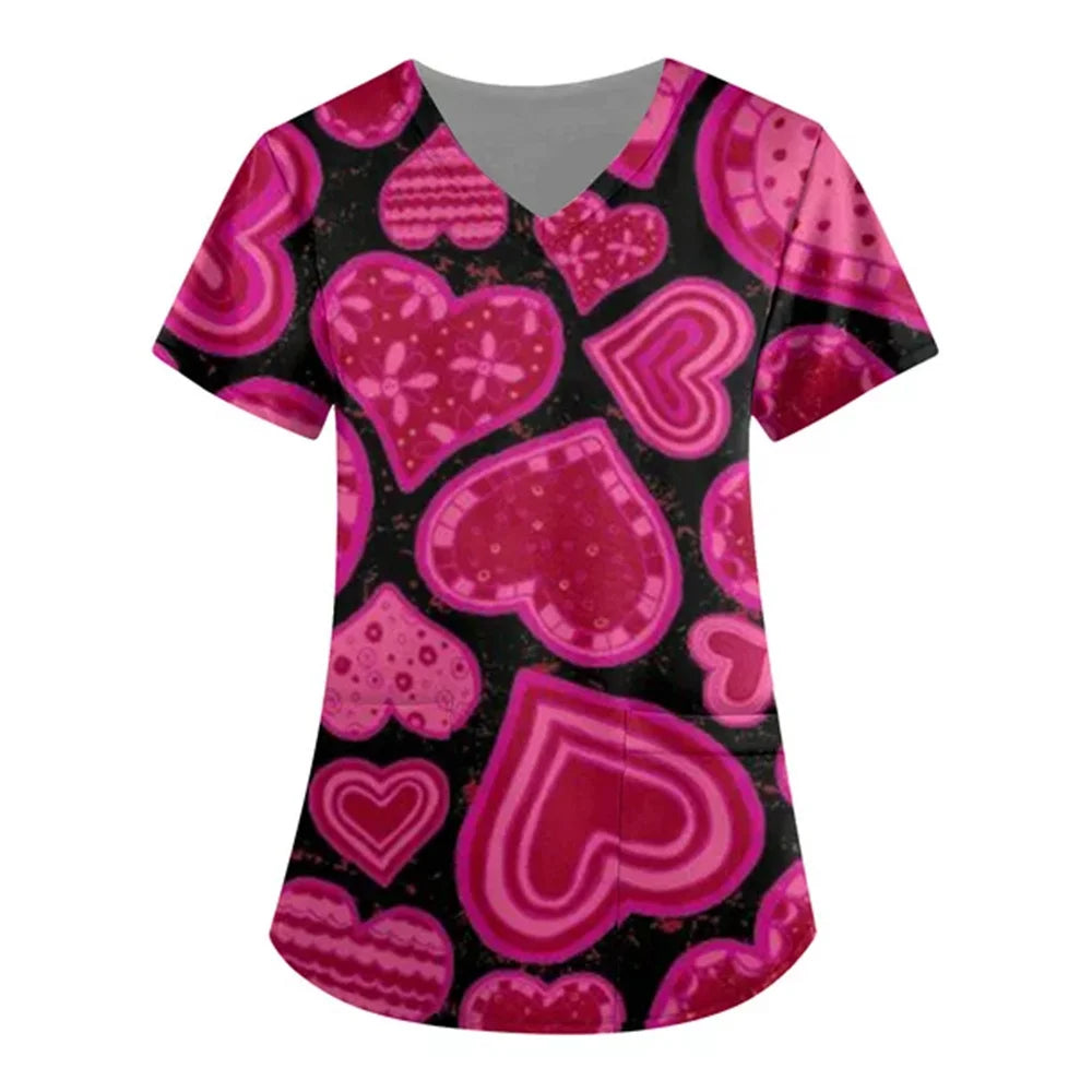 Women’s Heart Print Medical Top ❤️ V-Neck Short Sleeve Nursing Uniform ✨