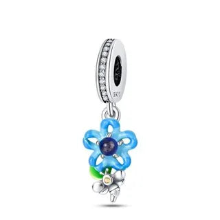 925 Sterling Silver Blue Series Charm | Dragonfly, Butterfly, Bird & Pansy Flower Pendant for 4MM Bracelet