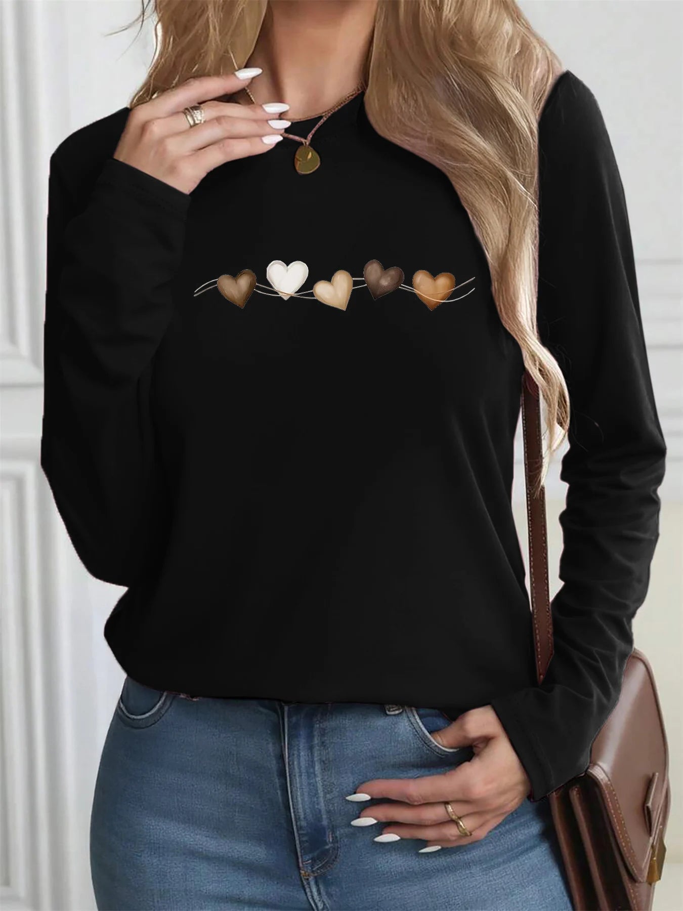 Women’s Autumn Winter 100% Cotton Heart-Print Long Sleeve T-Shirt – Casual Round Neck Top