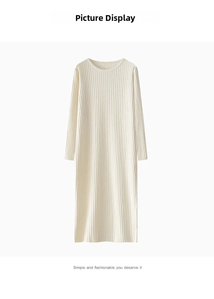 Elegant Knitted Midi Dress for Women – Knee-Length Base Layer Dress, Autumn Winter Polyester One-Step Skirt