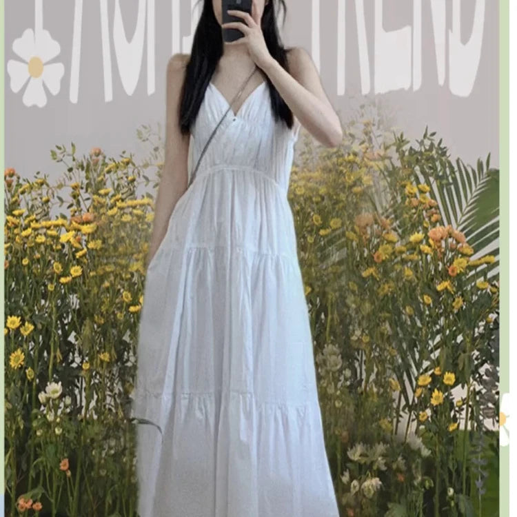 Women’s White V-Neck Backless Strap Dress – Summer Fairy Beach Vacation Long Skirt, Elegant Loose Waist Gown