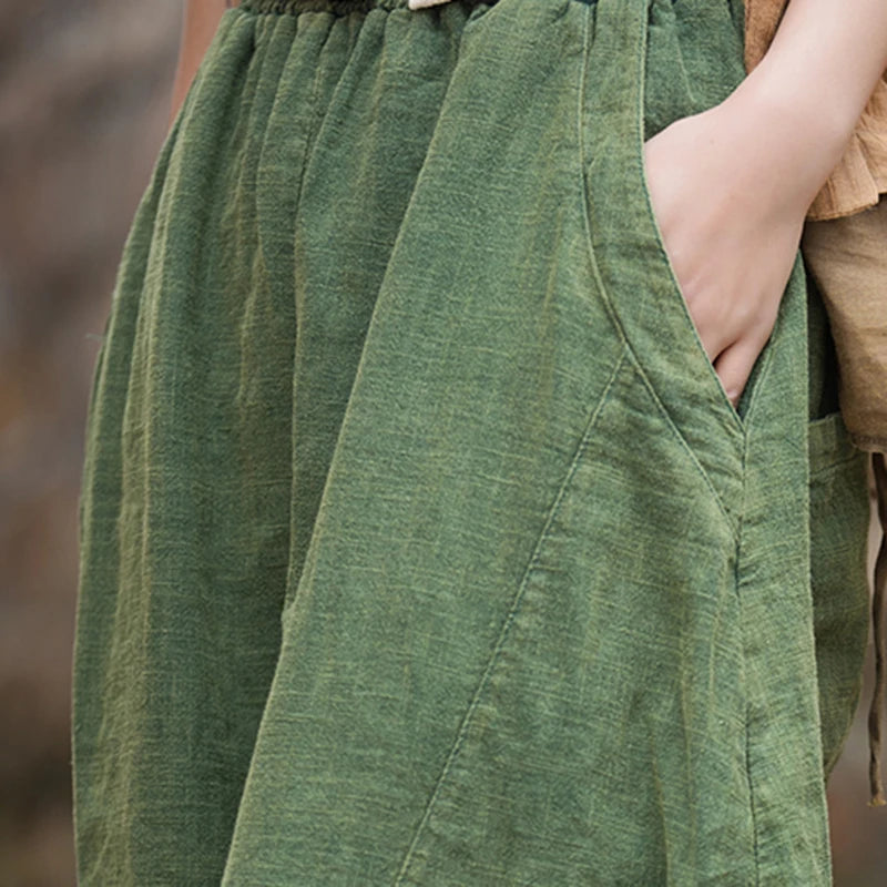 Elegant Women’s Cotton Linen Baggy Cargo Pants – Vintage Elastic Waist Wide-Leg Casual Trousers