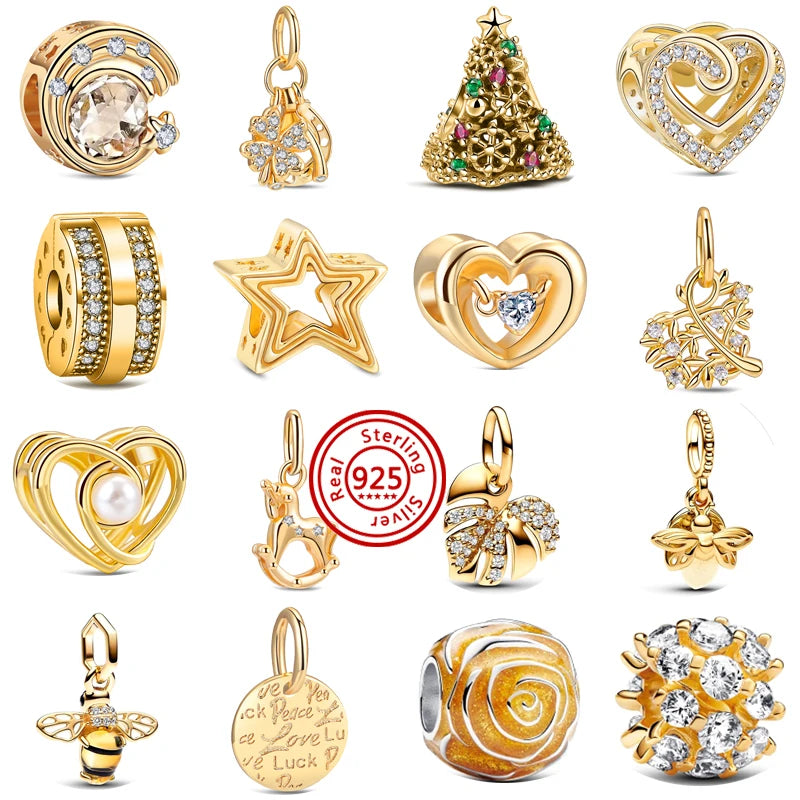 925 Silver Golden Bees & Yellow Roses Dangle Charm | Fit Original Bracelet Jewelry Gift