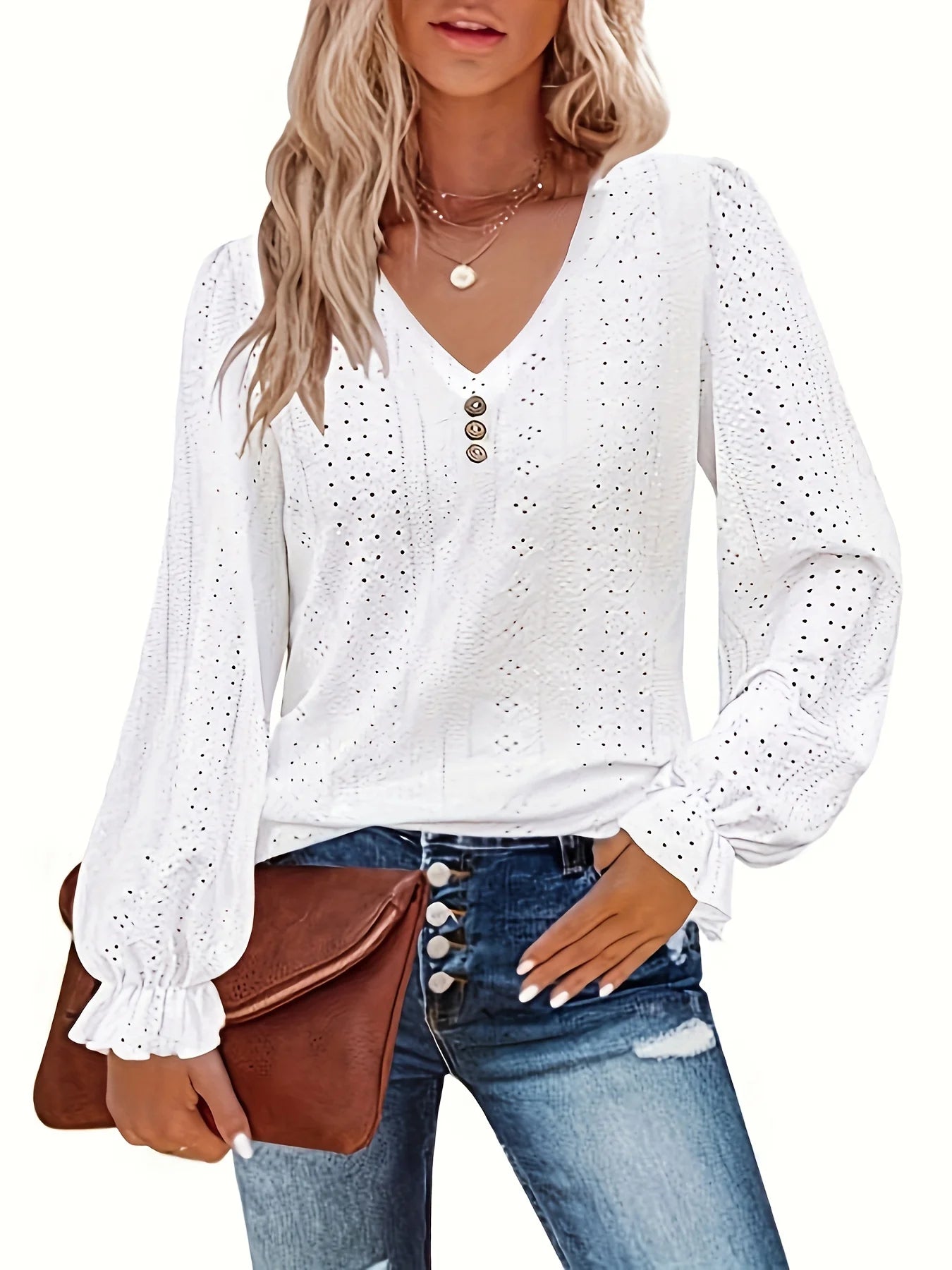 Plus Size Eyelet Button V-Neck Long Sleeve T-Shirt – Casual Spring & Fall Women’s Top 👚✨