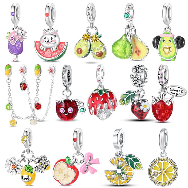 925 Sterling Silver Fruit Series Beads | Raspberry, Strawberry, Avocado & Lemon Dangle Charms for Bracelet