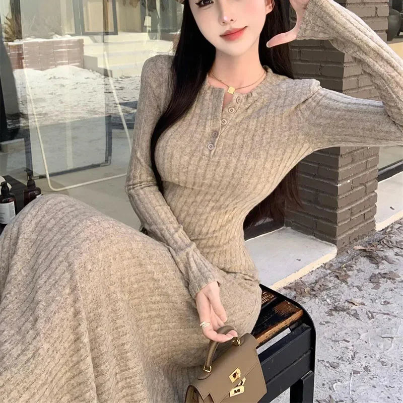 SMVP Elegant Slim High Waist Knit Dress for Women – Autumn Winter Long Sleeve Warm Vintage Long Dress | Streetwear Vestidos