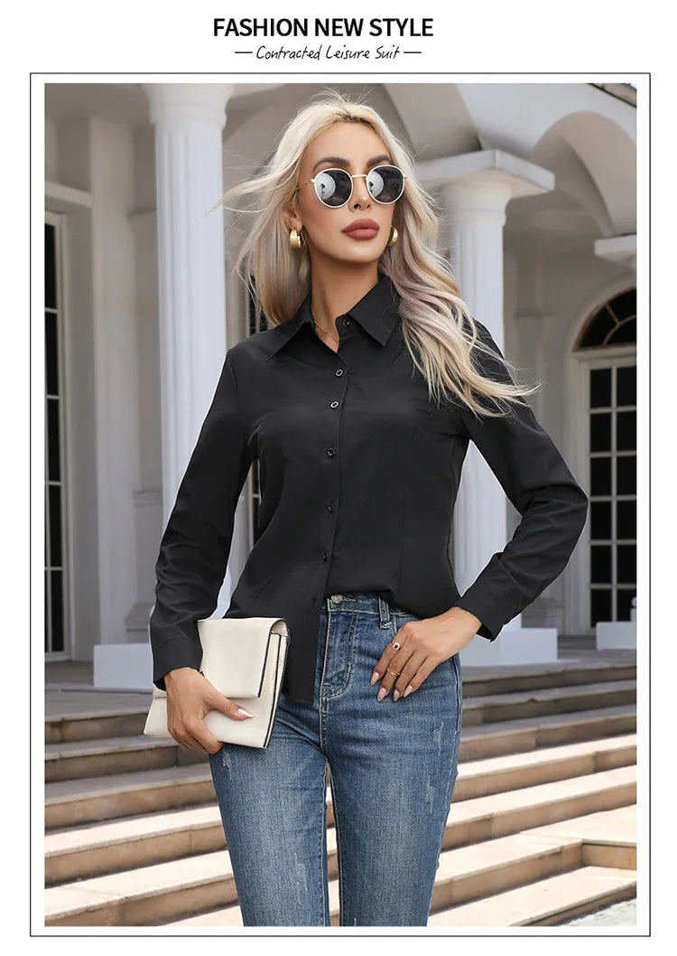 Women’s Solid Color Long Sleeve Shirt – Spring Autumn Casual Turn-Down Collar Loose Top