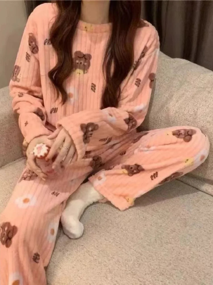 Adorable Sweet Coral Fleece Thiened Autumn Winter Loungewear Set – Women’s Casual Home Clothes | Long Pants Comfortable Leisurewear