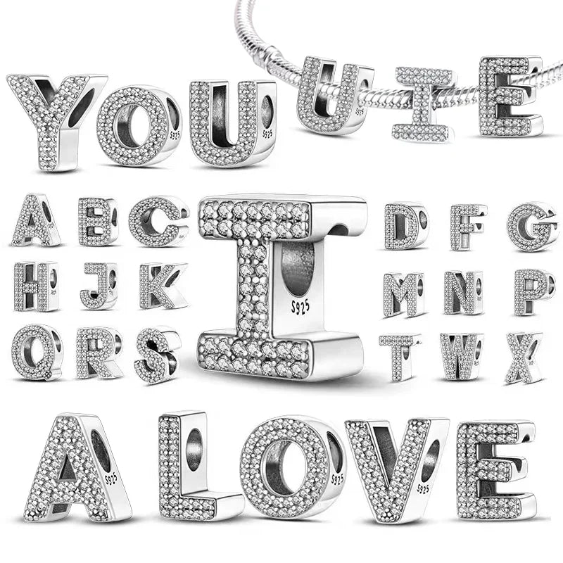 925 Sterling Silver Alphabet Letter Charm Beads with Shiny Zircon – A-Z Initial Beads for Pandora DIY Bracelet & Women’s Jewelry