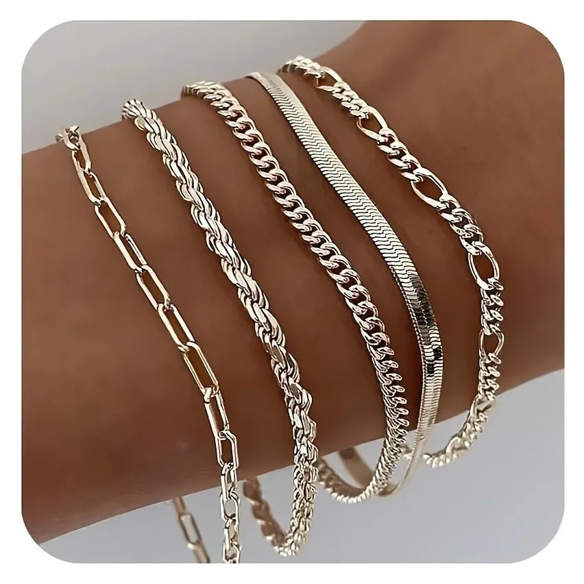 Vintage Punk 925 Sterling Silver & Gold Plated Bracelet Set – Cuban & Paper Clip Chains for Women