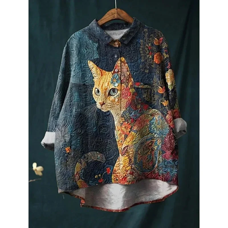 Women’s Cat Print Casual Long Sleeve Shirt – Stand-Up Collar Vintage Indian Ethnic Style Top
