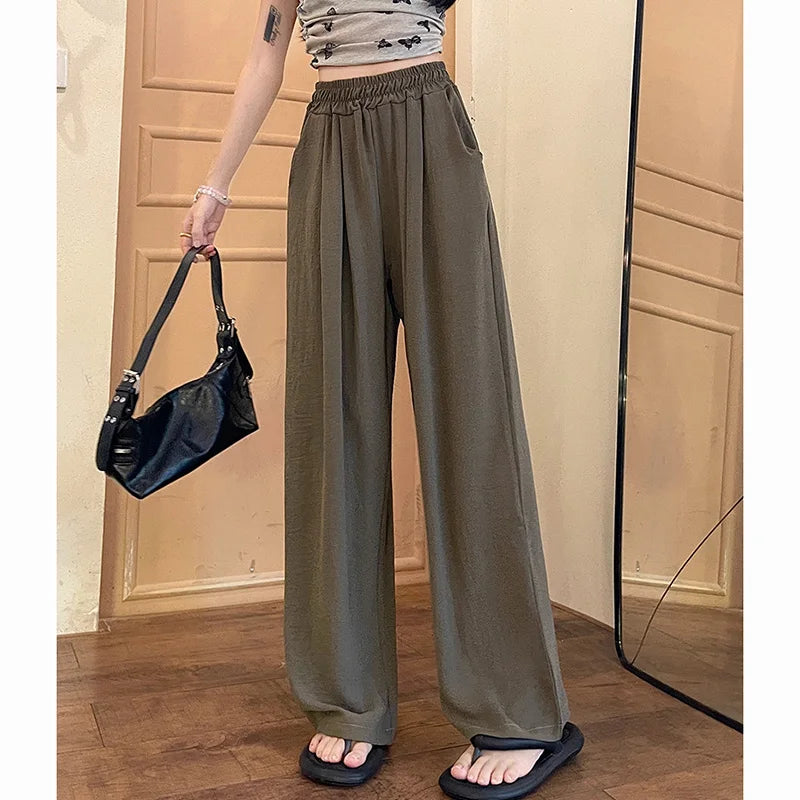 Summer Women Colorful Ice Silk Pants | High Waisted Wide Leg Trousers | Baggy Straight Leg Casual Pants
