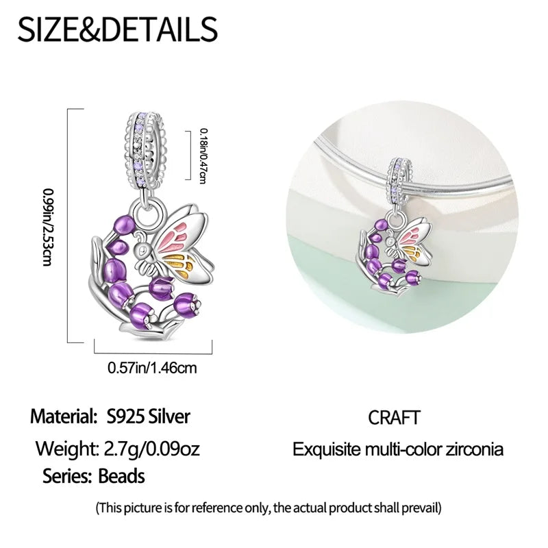 925 Sterling Silver Purple Flower & Butterfly Dangle Charm | Bead for 4MM Bracelet or Necklace DIY Jewelry Gift