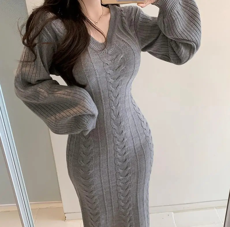 Women's V-Neck Knitted Sweater Bodycon Dress – Autumn Winter Long Lantern Sleeve Slim Fit Fashion Dress
