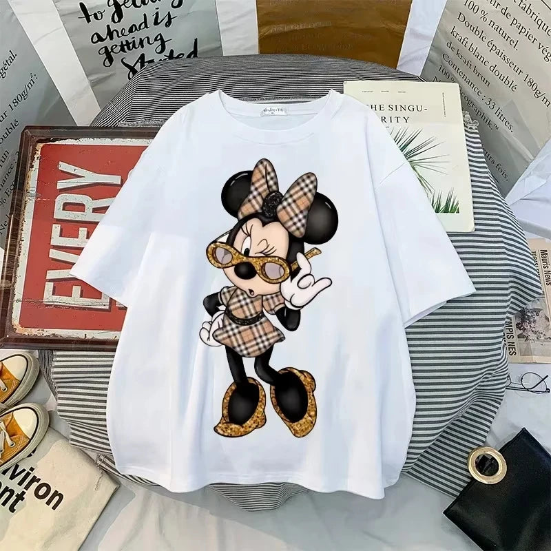 Disney Minnie Kawaii Women's Printed T-Shirt | Y2K Summer Cartoon Top | Oversized Cotton Tee for Women