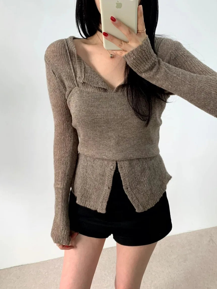 Simple round Ne Button up Knit Sweater Strap Set Casual Sle Polyester Fiber Open Cardigan for Women Autumn Winter ential