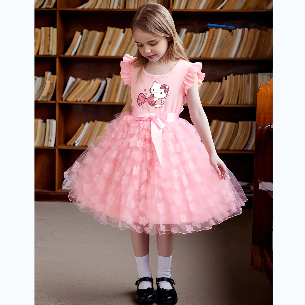 Hello Kitty Girls Tulle Flower Princess Dress | Wedding & Party Tutu Dress | Sleeveless Birthday Gift Outfit