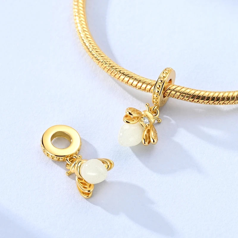925 Sterling Silver Luminous Golden Firefly Charms | Sparkling Bee & Cat Dangle Beads Fit Original Bracelet DIY Jewelry Gift