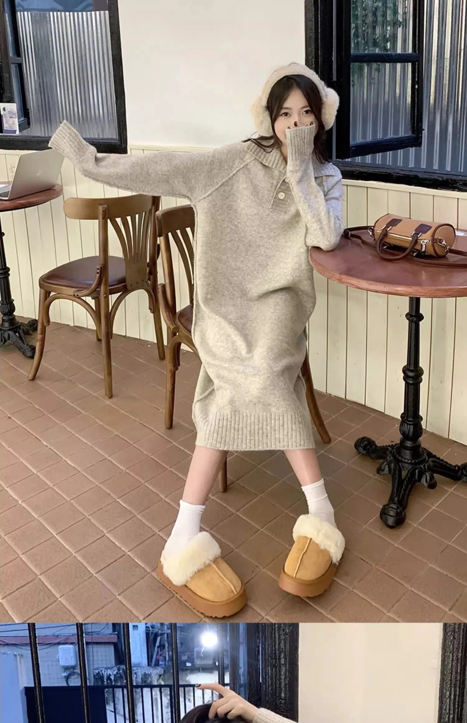 Women’s V-Neck Knitted Dress – Loose Fit Mid-Length Knee-Over Sweater Dress, Autumn Winter Base Layer Inner Wear