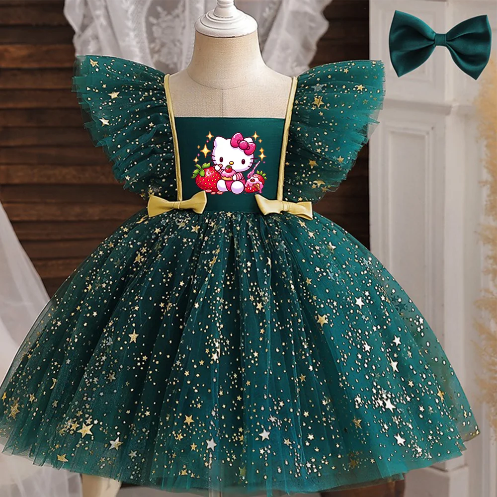 ✨ Hello Kitty Princess Dress for Girls 👑 Sequined Star Tutu Gown 🎀 Ruffle Bow Kids Party & Prom Dress