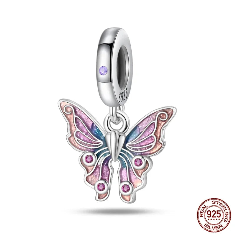 925 Sterling Silver Blue Series Charm | Dragonfly, Butterfly, Bird & Pansy Flower Pendant for 4MM Bracelet