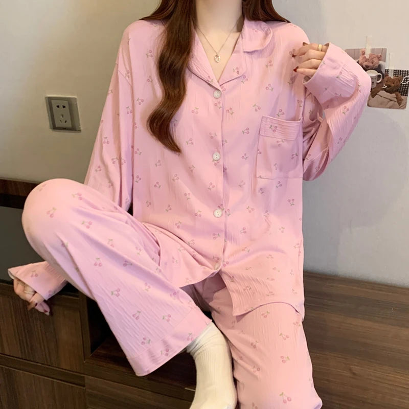 🌸 Pink Bow Pajamas Set for Women 💖 Long Sleeve Top & Elastic Waist Pants 🛌 Harajuku Style Casual Home Wear