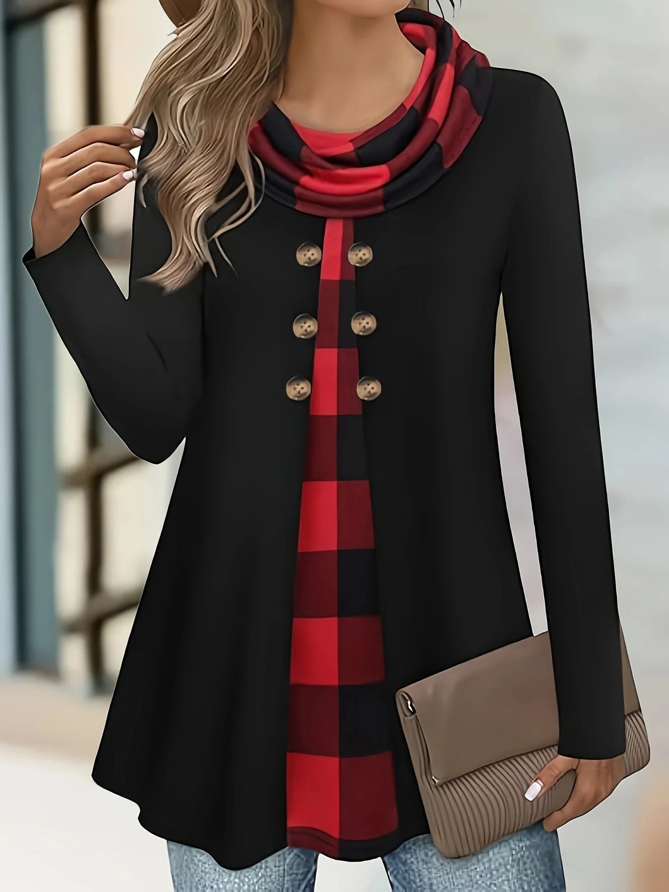 European & American Plaid Print Fake Two-Piece Plus Size Long Sleeve T-Shirt – Pleated Scarf Button Top 👚✨
