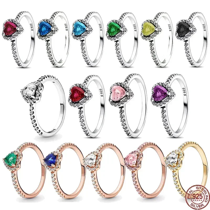 New 925 Sterling Silver Shiny Heart-Shaped Ring | Various Colors Luxury Charm Jewelry for Women, Commemorative & Surprise Gifts