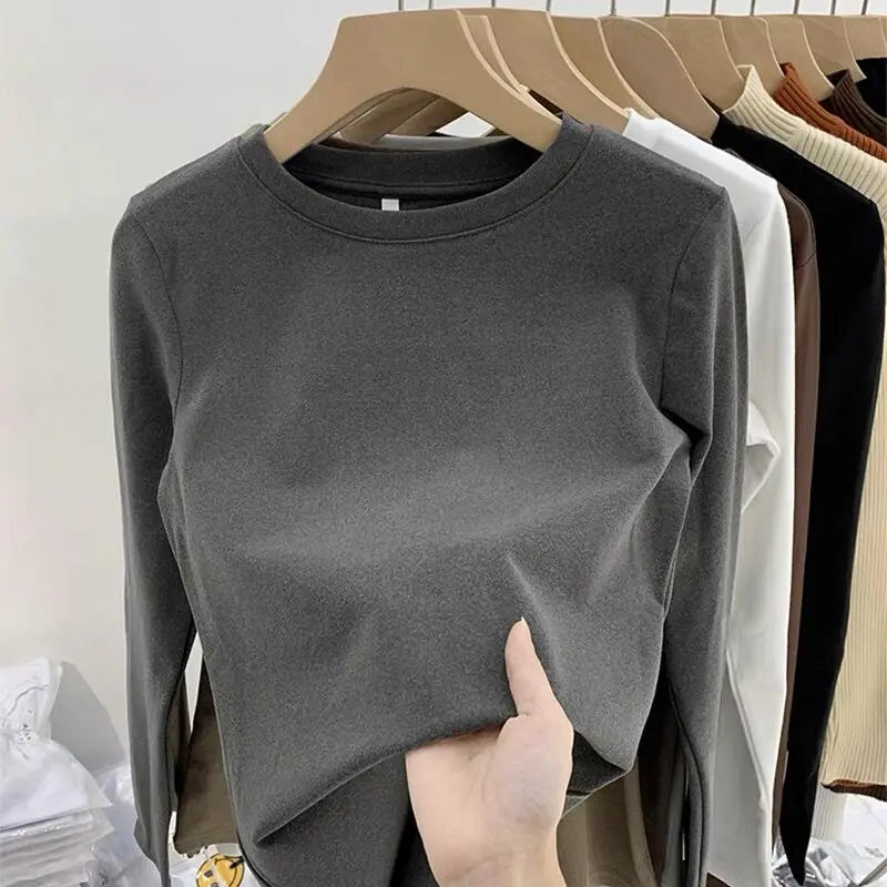 Women’s Winter Thickened Fleece-Lined Round Neck Long Sleeve Base Shirt | Slim Fit Solid Color Thermal Inner Wear Top