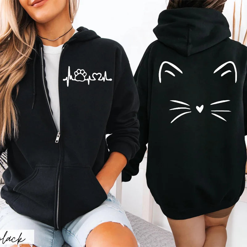 Women’s Cat Heartbeat Zipper Hoodie | Cute Zip-Up Sweatshirt | Autumn Winter Streetwear Jacket