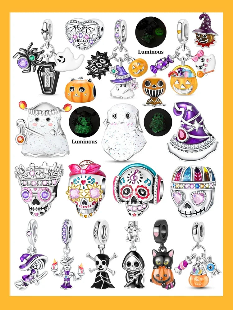 925 Sterling Silver Halloween Luminous Skull & Pumpkin Charms | Fits Original Pandora Bracelet | Party DIY Jewelry Gift