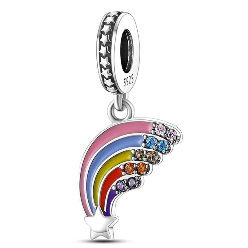 925 Sterling Silver Colorful Charms – Rose, Crown, Rainbow & Heart Dangle Beads Fit Pandora Bracelet & Necklace