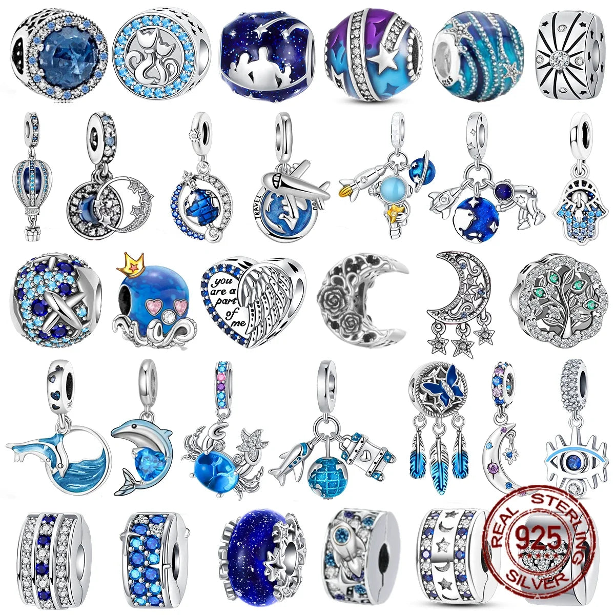 925 Sterling Silver Blue Moon Plane Space Series Glass Beads Clip Charm for Bracelet