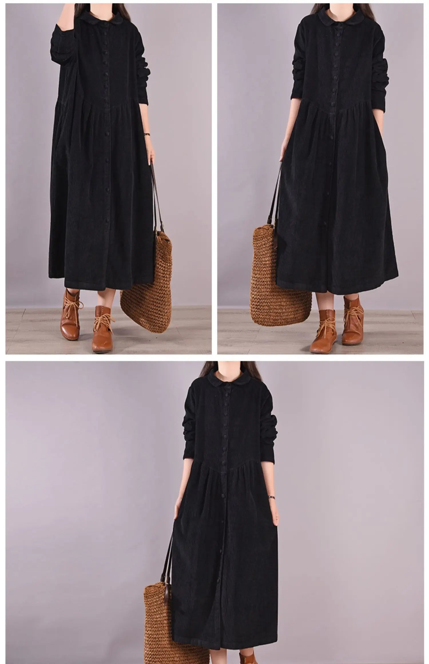 Retro Japanese Style Long Sleeve Corduroy Dress – Thick Fleece-Lined A-Line Winter Dress for Women | Solid Color