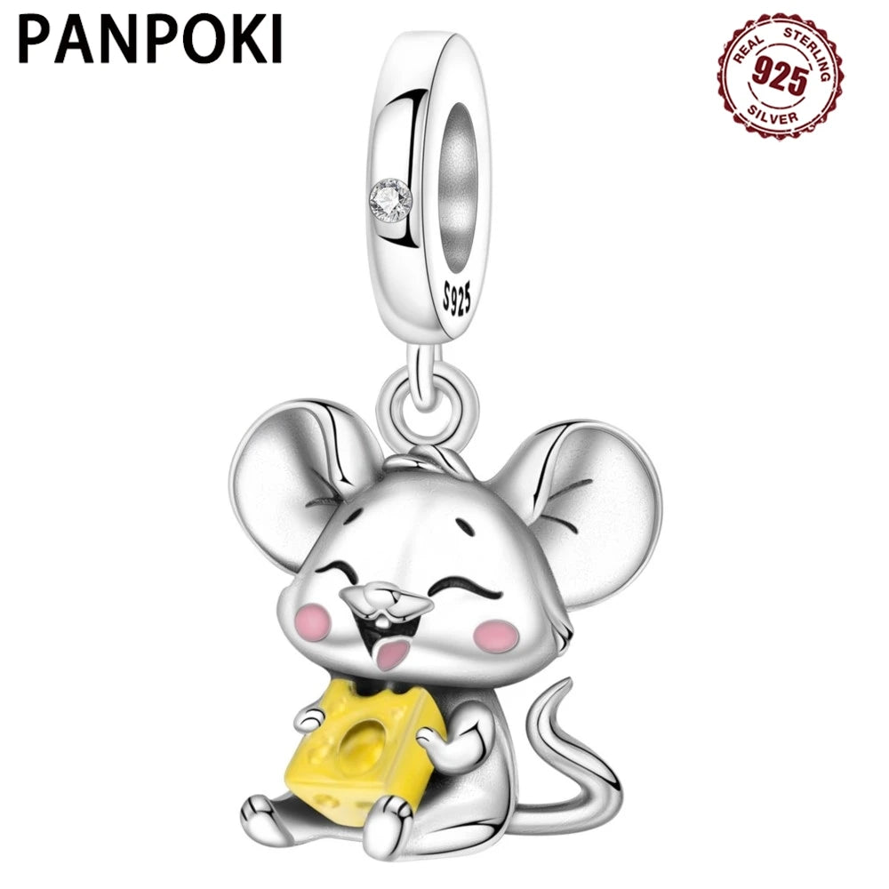 PANPOKI 925 Sterling Silver Cute Mouse Eating Cheese Charm Pendant | Original Bracelet DIY Jewelry Gift for Women