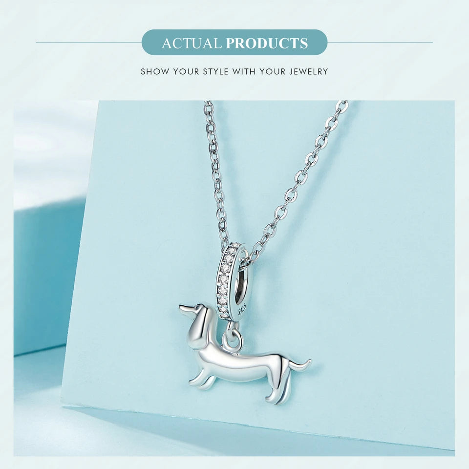 BISAER 925 Sterling Silver Dog Charm | Cute Dachshund Pet Bead Pendant for Women’s DIY Bracelet Jewelry