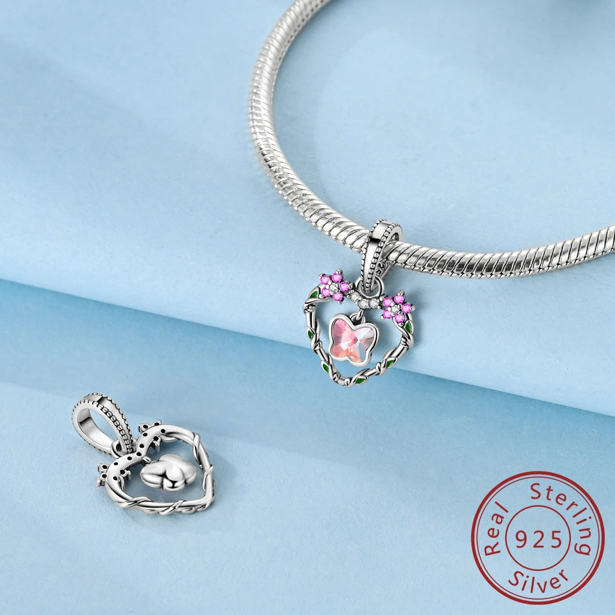 925 Sterling Silver Pink Zircon Heart Cross Charm | Fits Pandora Original Bracelet | Women’s Pendant DIY Jewelry Gift