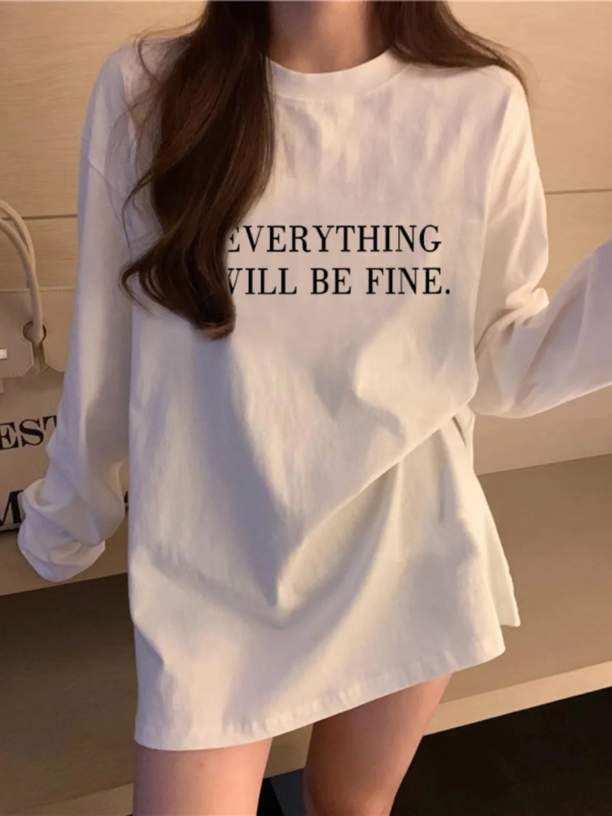 Women’s Long Sleeve Cotton T-Shirt | Fleece-Lined White Base Layer | Loose Fit Autumn Inner Wear