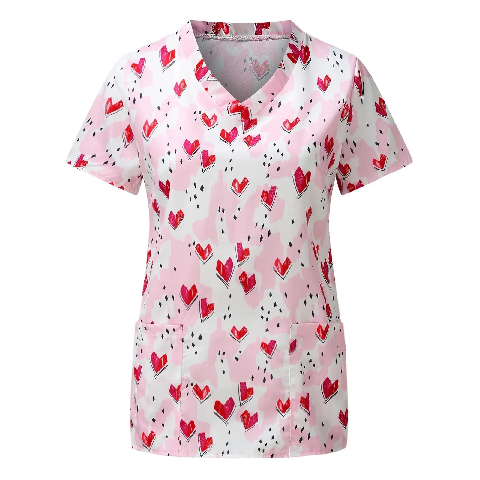 Women’s Heart Print Medical Top ❤️ V-Neck Short Sleeve Nursing Uniform ✨