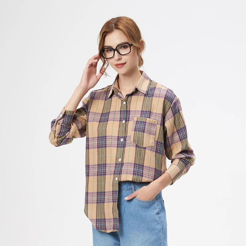 Women’s Plaid Shirt | Spring Autumn Long Sleeve Blouse | Casual Cotton Checkered Top