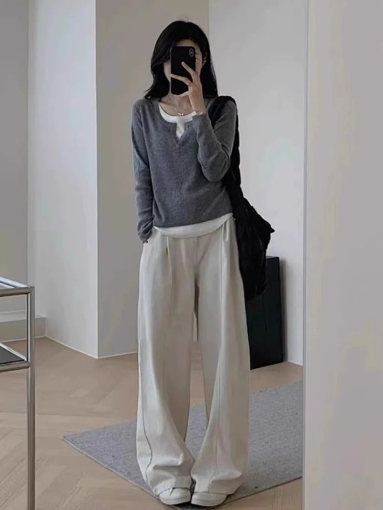Slim Fit Geometric Knitted Long Sleeve T-Shirt – Korean Style Base Layer for Pear-Shaped Body | Autumn Wear