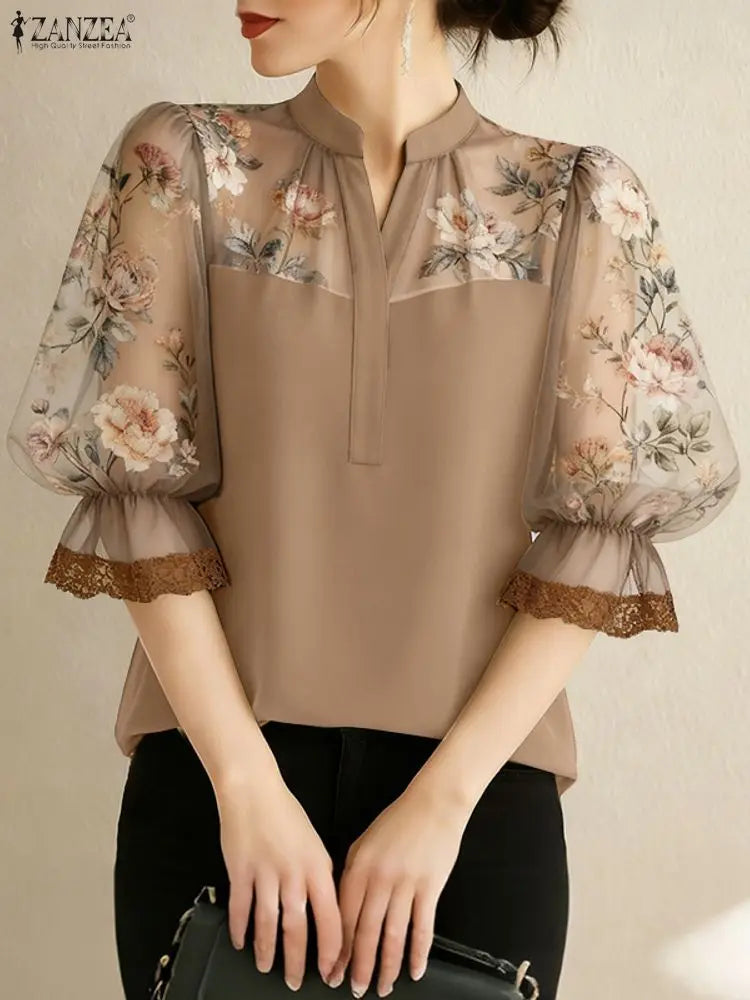 ZANZEA Elegant Women Floral Chiffon Blouse – V-Neck Patchwork Top with 3/4 Puff Sleeves & Lace Trim S-3XL 🌸👚