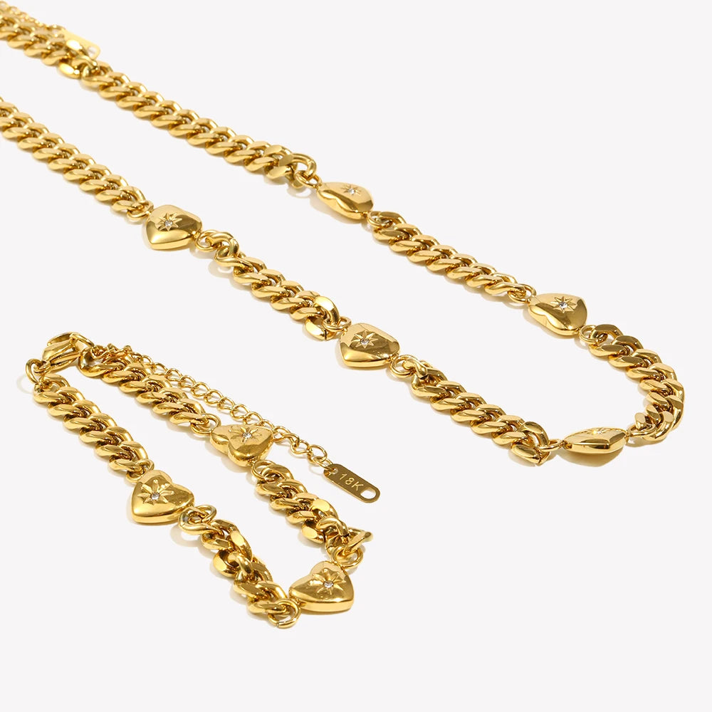 18K Gold Plated Stainless Steel Ocean Heart Cuban Chain Bracelet for Women – Zircon Paved Bangle