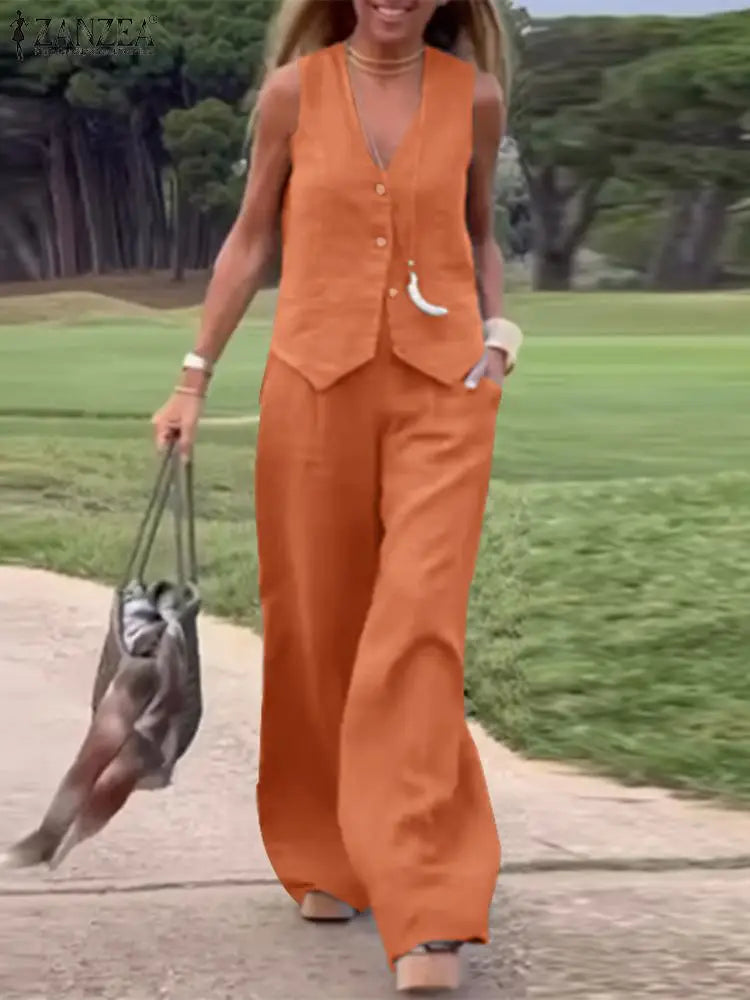 ZANZEA 2025 Elegant Women’s Two-Piece Set – Solid Color Wide Leg Pants & Vest Top Plus Size 👩‍💼✨