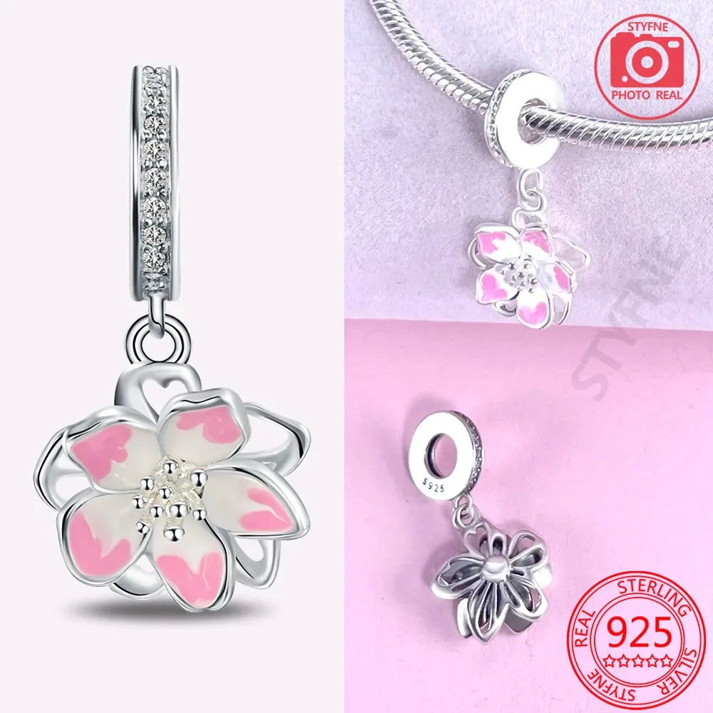 925 Silver Pink Cherry Blossom 🌸 Dangle Charm Bead for Pandora Bracelet