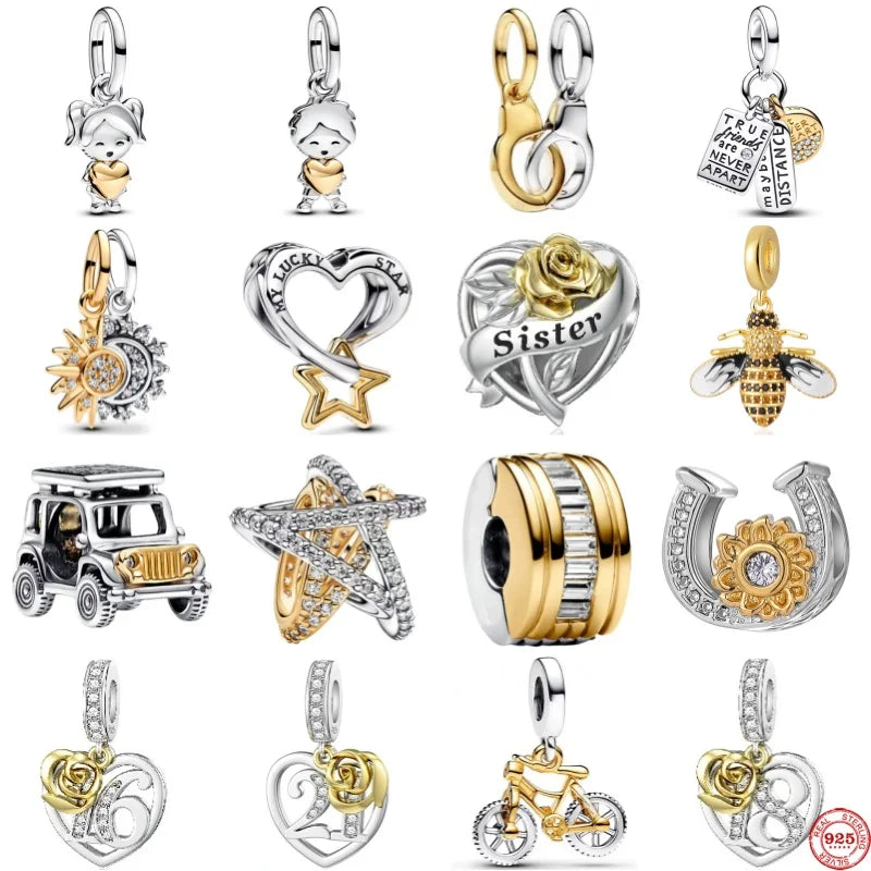 925 Sterling Silver Double Golden Heart Split Charm | Cute Boy & Girl Pendant for Original Bracelet Jewelry